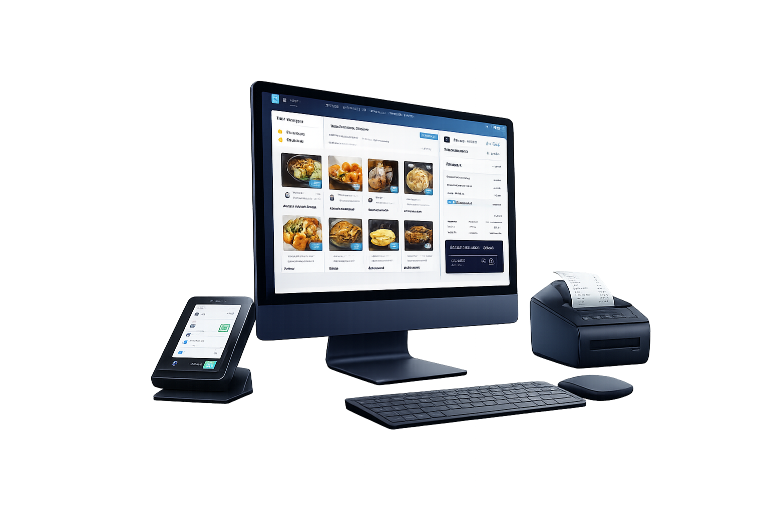 Estación de trabajo POS - monitor, tablet, teclado y impresora